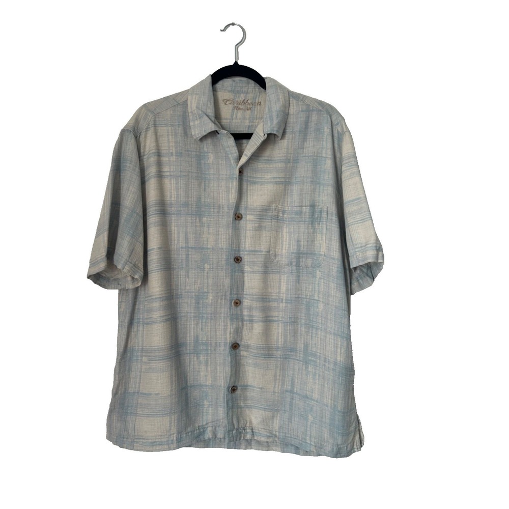 Caribbean Pure Silk Shirt Mens L Light Blue Cream Plaid Button Up Short Sleeve